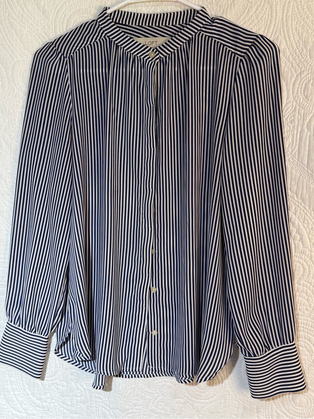 LOFT Petite Navy Blue & White Striped Band Collar Blouse, Size SP